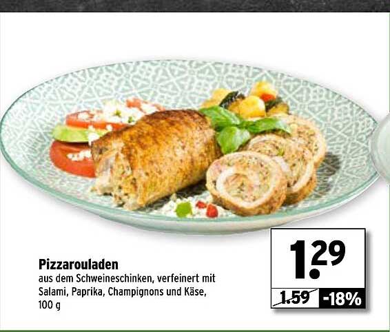 Pizzarouladen aus dem Schweineschinken, verfeinert mit Salami, Paprika, Champignons und Käse, 100 g