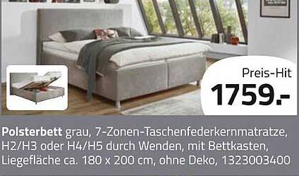 Polsterbett grau, 7-Zonen-Taschenfederkernmatratze, H2/H3 oder H4/H5 durch Wenden, mit Bettkasten, Liegefläche ca. 180 x 200 cm, ohne Deko