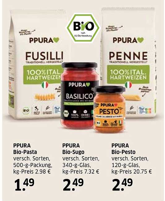 PPURA Bio-Pasta und Bio-Sugo-Angebote