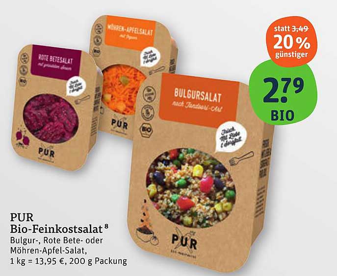 PUR Bio-Finkostsalat: Bulgursalat, Rote Beete oder Möhren-Apfel-Salat