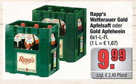 Rapp's Wetterauer Gold Apfelsaft oder Gold Apfelwein 6x1-L-Fl.