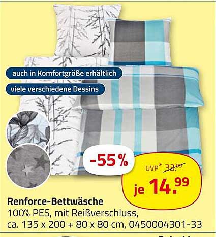 Renforce-Bettwäsche - 100% PES, mit Reißverschluss, viele Dessins