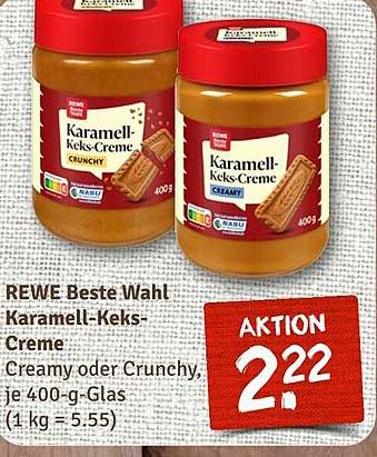 REWE Beste Wahl Karamell-Keks-Creme - Creamy oder Crunchy, je 400-g-Glas