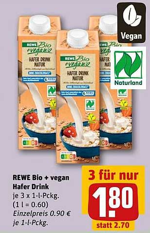 REWE Bio + vegan Hafer Drink - 3 für nur 1,80 €