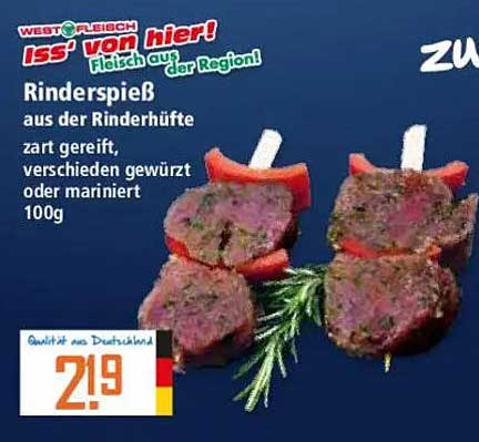Rinderspieß aus der Rinderhüfte, zart gereift, verschieden gewürzt oder mariniert, 100g