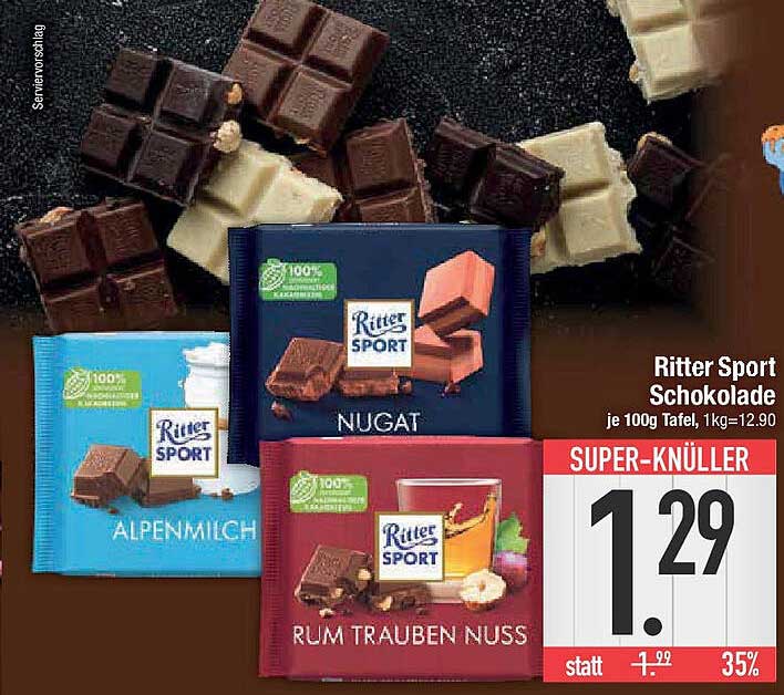 Ritter Sport Schokolade je 100g Tafel, 1kg=12,90