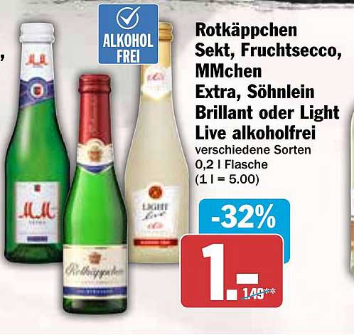 Rotkäppchen Sekt, Fruchtsecco und MMchen Extra, Söhnlein Brillant oder Light Live alkoholfrei