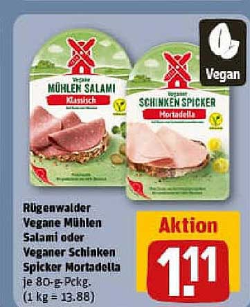Rügenwalder Vegane Mühlen Salami oder Veganer Schinken Spicker Mortadella je 80-g-Pack.