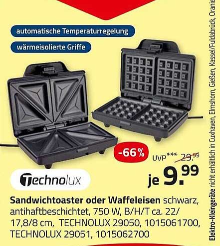 Sandwichtoaster oder Waffeleisen schwarz, antihaftbeschichtet, 750 W
