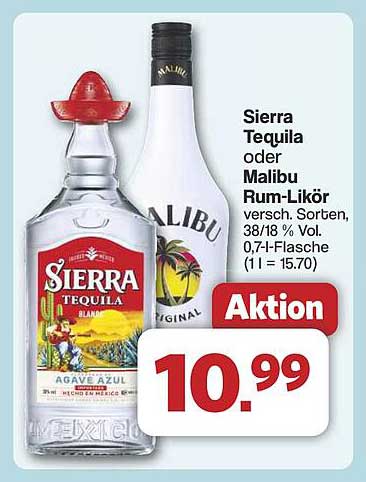 Sierra Tequila oder Malibu Rum-Likör 0,7 l für nur 10,99 €