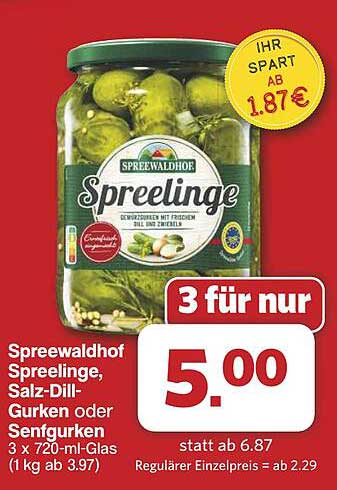 Spreewaldhof Spreelinge, Salz-Dill-Gurken oder Senfgurken 3 x 720-ml-Glas