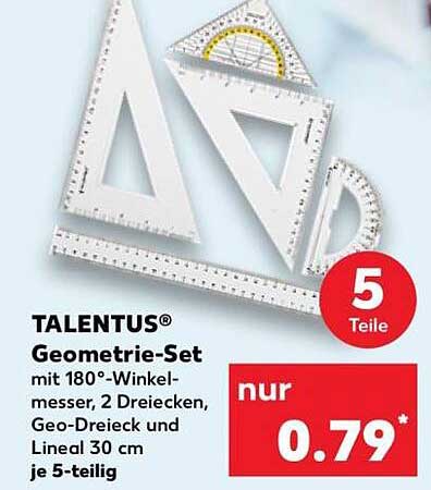 TALENTUS® Geometrie-Set mit 180°-Winkelmesser, 2 Dreiecken, Geo-Dreieck und Lineal 30 cm je 5-teilig