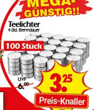Teelichter 4 Std. Brenndauer - 100 Stück