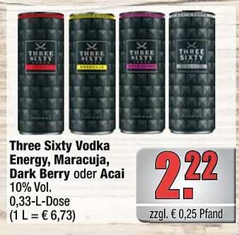 Three Sixty Vodka Energy, Maracuja, Dark Berry oder Acai 0,33 L-Dose