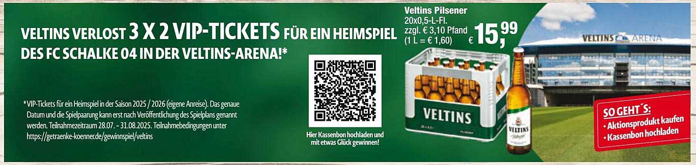 Veltins Pilsener 20x0,5L Flasche – 3x2 VIP-Tickets für ein Heimspiel des FC Schalke 04 in der Veltins-Arena