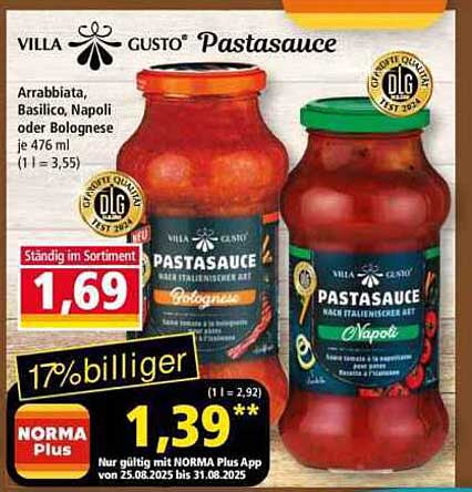 Villa Gusto Pastasauce Arrabbiata, Basilico, Napoli oder Bolognese 476 ml