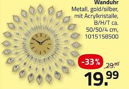 Wanduhr Metall, gold/silber, mit Acrylkristalle, B/H/T ca. 50/50/4 cm