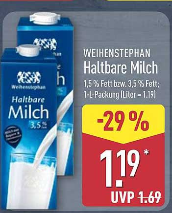 WEIHENSTEPHAN Haltbare Milch 1,5 % Fett bzw. 3,5 % Fett; 1-L-Packung (Liter: 1,19)