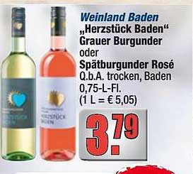 Weinland Baden "Herzstück Baden" Grauer Burgunder oder Spätburgunder Rosé Q.b.A. trocken, 0,75-L-Fl.
