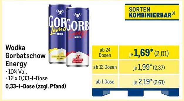 Wodka Gorbattschow Energy 0,33-l Dose - 12er Pack