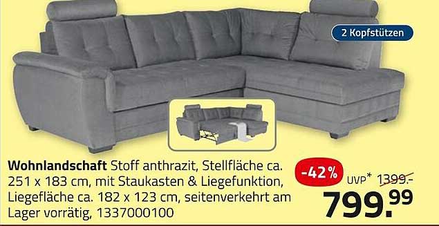 Wohnlandschaft Stoff anthrazit, Stellfläche ca. 251 x 183 cm, mit Stauraum & Liegefunktion, 2 Kopfstützen