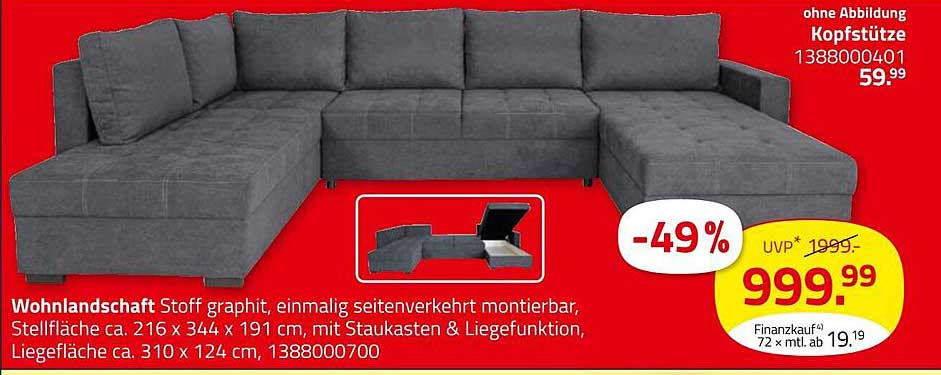 Wohnlandschaft Stoff graphit, einmalig seitenverkehrt montierbar, Stellfläche ca. 216 x 344 x 191 cm, mit Stauraum & Liegefunktion, Liegefläche ca. 310 x 124 cm