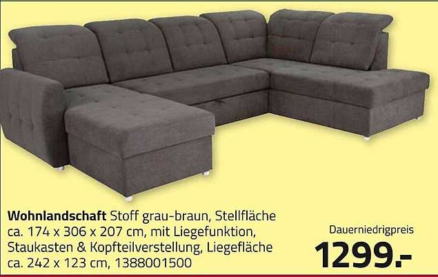 Wohnlandschaft Stoff grau-braun mit Liegefunktion