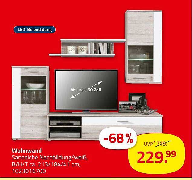 Wohnwand Sandbeiche Nachbildung/weiß, B/H/T ca. 213/184/41 cm, 1023016700