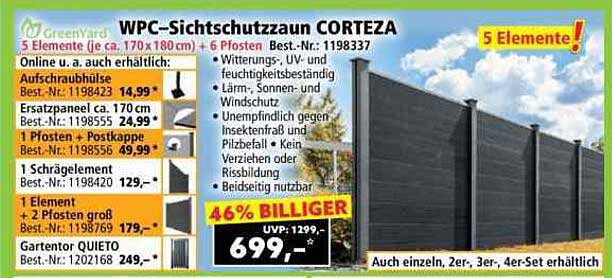 WPC-Sichtschutzzaun CORTEZA 5 Elemente (je ca. 170x180 cm)