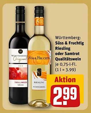 Württemberg: Süß & Fruchtig Riesling oder Samtrot Qualitätswein 0,75 l für nur 2,99 €