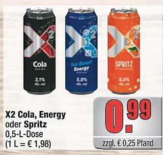 X2 Cola, Energy oder Spritz 0,5-L-Dose