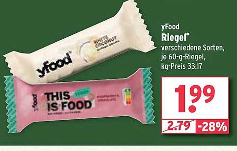 yFood Riegel verschiedene Sorten, je 60-g-Riegel, kg-Preis 33,17