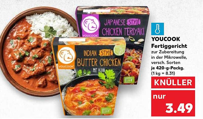 YOUCOOK Fertiggericht (indian style Butter Chicken und japanese style Chicken Teriyaki) 420-g-Packung