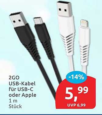 2GO USB-Kabel für USB-C oder Apple 1 m Stück