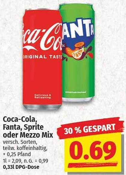 Coca-Cola, Fanta, Sprite oder Mezzo Mix - 0,33 l DPG-Dose für nur 0,69 €