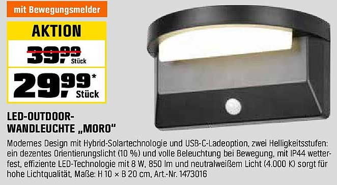 LED-OUTDOOR-WANDLEUCHTE „MORO“ mit Bewegungsmelder