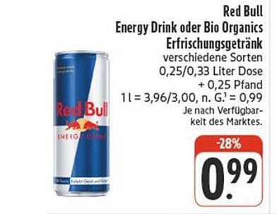 Red Bull Energy Drink oder Bio Organics Erfrischungsgetränk 0,25/0,33 Liter Dose