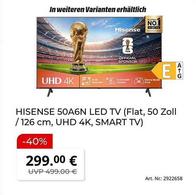 HISENSE 50A6N LED TV (Flat, 50 Zoll / 126 cm, UHD 4K, SMART TV)