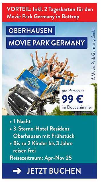 2 Tageskarten für den Movie Park Germany inklusive 1 Nacht im 3-Sterne-Hotel