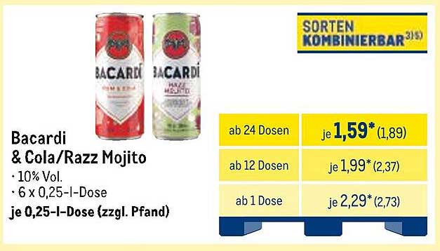 Bacardi & Cola/Razz Mojito 0,25 l Dose
