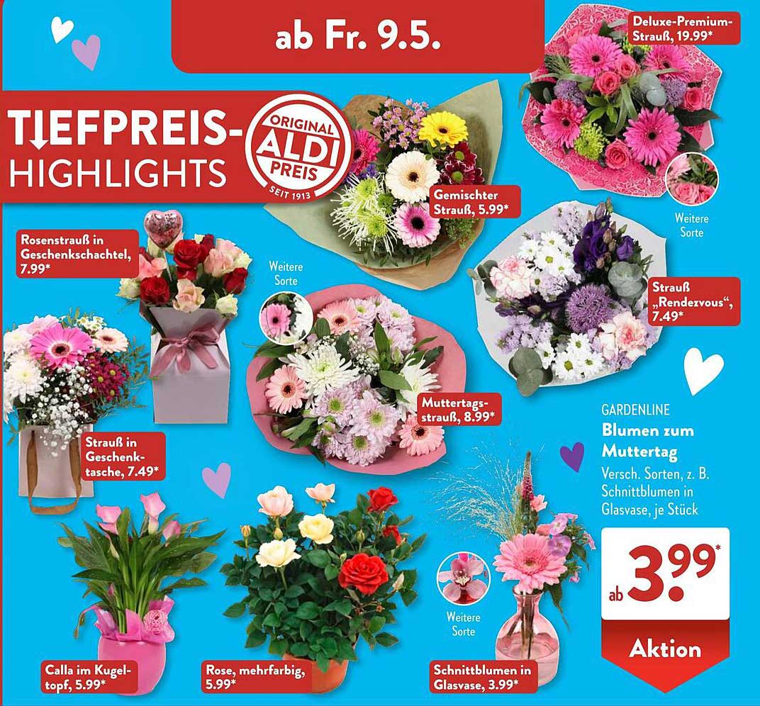 Blumen zum Muttertag - Versch. Sorten, z. B. Schnittblumen in Glasvase, 3,99€