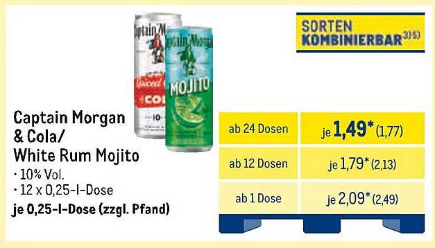 Captain Morgan & Cola/White Rum Mojito 0,25 l Dose
