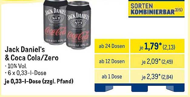 Jack Daniel's & Coca Cola/Zero 6 x 0,33 l Dose