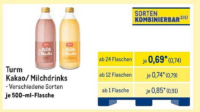 Turm Kakao/Milchdrinks - Verschiedene Sorten, je 500-ml-Flasche