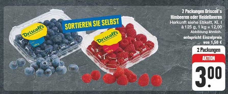 2 Packungen Driscoll's Himbeeren oder Heidelbeeren für nur 3,00 €