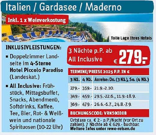 3 Nächte im 4-Sterne Hotel Piccolo Paradiso in Maderno, Italien - All Inclusive ab 279 €