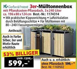 3er-Mülltonnenbox mit Pflanzkasten-Plandach, 3 x 240 Liter
