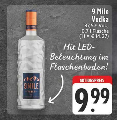 9 Mile Vodka 0,7 L Flasche mit LED-Beleuchtung im Flaschenboden