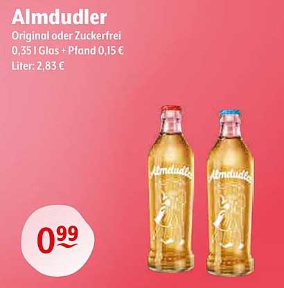 Almdudler Original oder Zuckerfrei 0,35 l Glas + Pfand 0,15 €