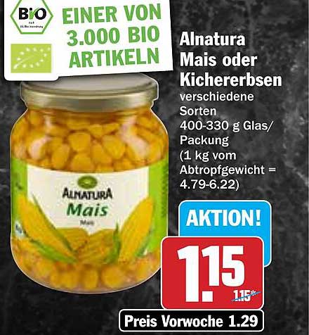 Alnatura Mais oder Kichererbsen - verschiedene Sorten